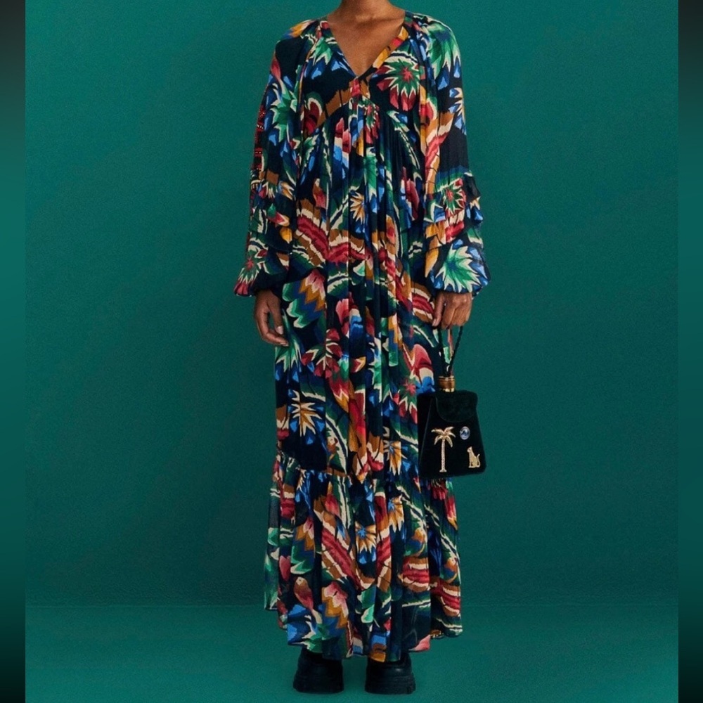 New | Farm Rio BLACK CHEVRON FOREST MAXI DRESS IN CHEVRON Small